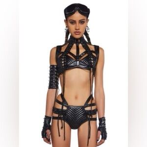 Black Dolls Kill Club Exx vinyl rude awakening harness top and bottoms
